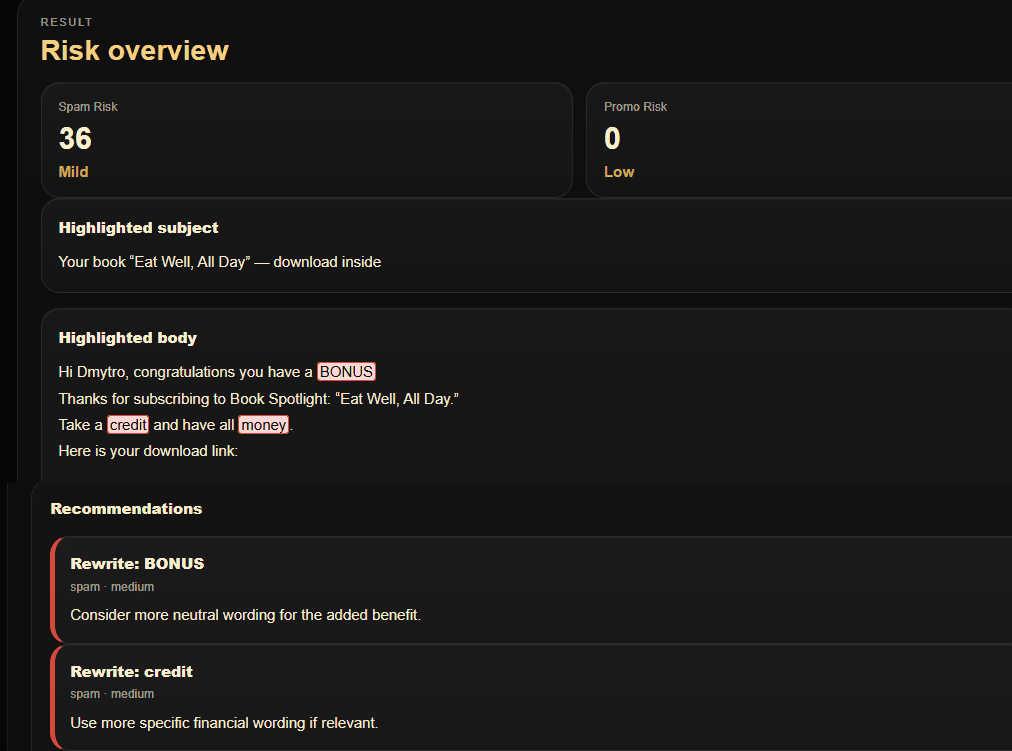 Email Spam Word Checker & Promo Risk Scanner | CheckInbox